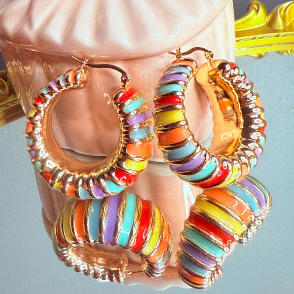 Rainbow Enamel Chunky Hoop Earrings Gold Tone Statement NWT - Picture 2 of 7